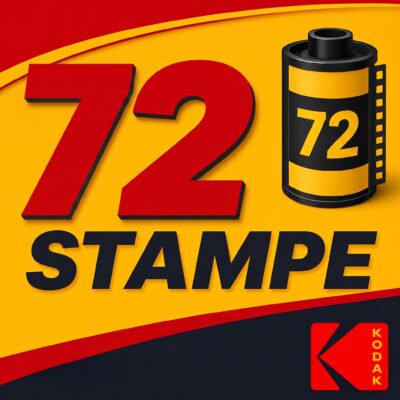 Grafica promozionale del pacchetto 72 stampe fotografiche con rullino 35mm e logo ufficiale Kodak su sfondo giallo e rosso