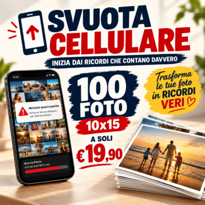 Promozione Svuota Cellulare: 100 stampe fotografiche 10×15 su Carta Kodak Professional a 19,90 €, con smartphone e foto stampate.