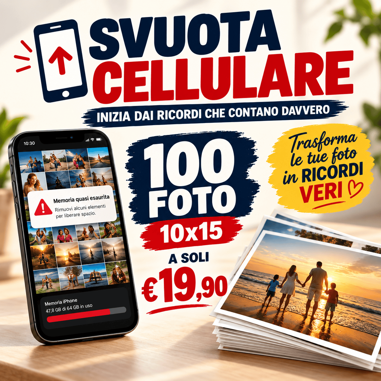 Promozione Svuota Cellulare: 100 stampe fotografiche 10×15 su Carta Kodak Professional a 19,90 €, con smartphone e foto stampate.
