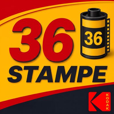 Grafica promozionale del pacchetto 36 stampe fotografiche con rullino 35mm e logo ufficiale Kodak su sfondo giallo e rosso