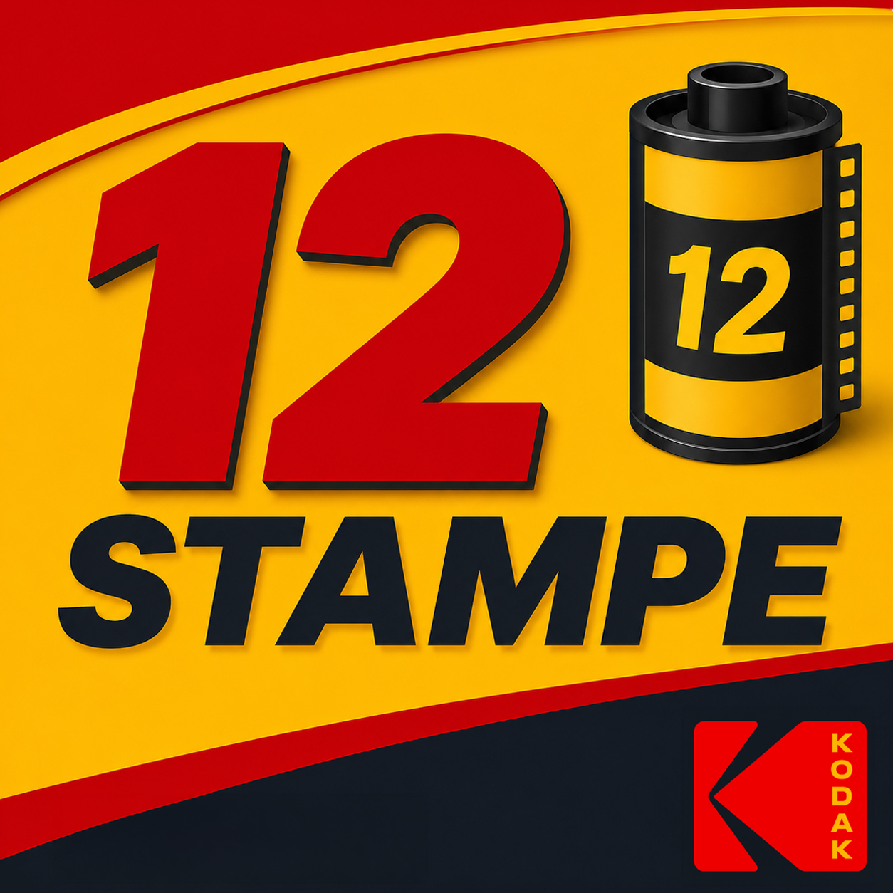 Grafica promozionale del pacchetto 12 stampe fotografiche con rullino 35mm e logo ufficiale Kodak su sfondo giallo e rosso