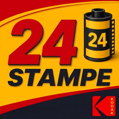 Grafica promozionale del pacchetto 24 stampe fotografiche con rullino 35mm e logo ufficiale Kodak su sfondo giallo e rosso