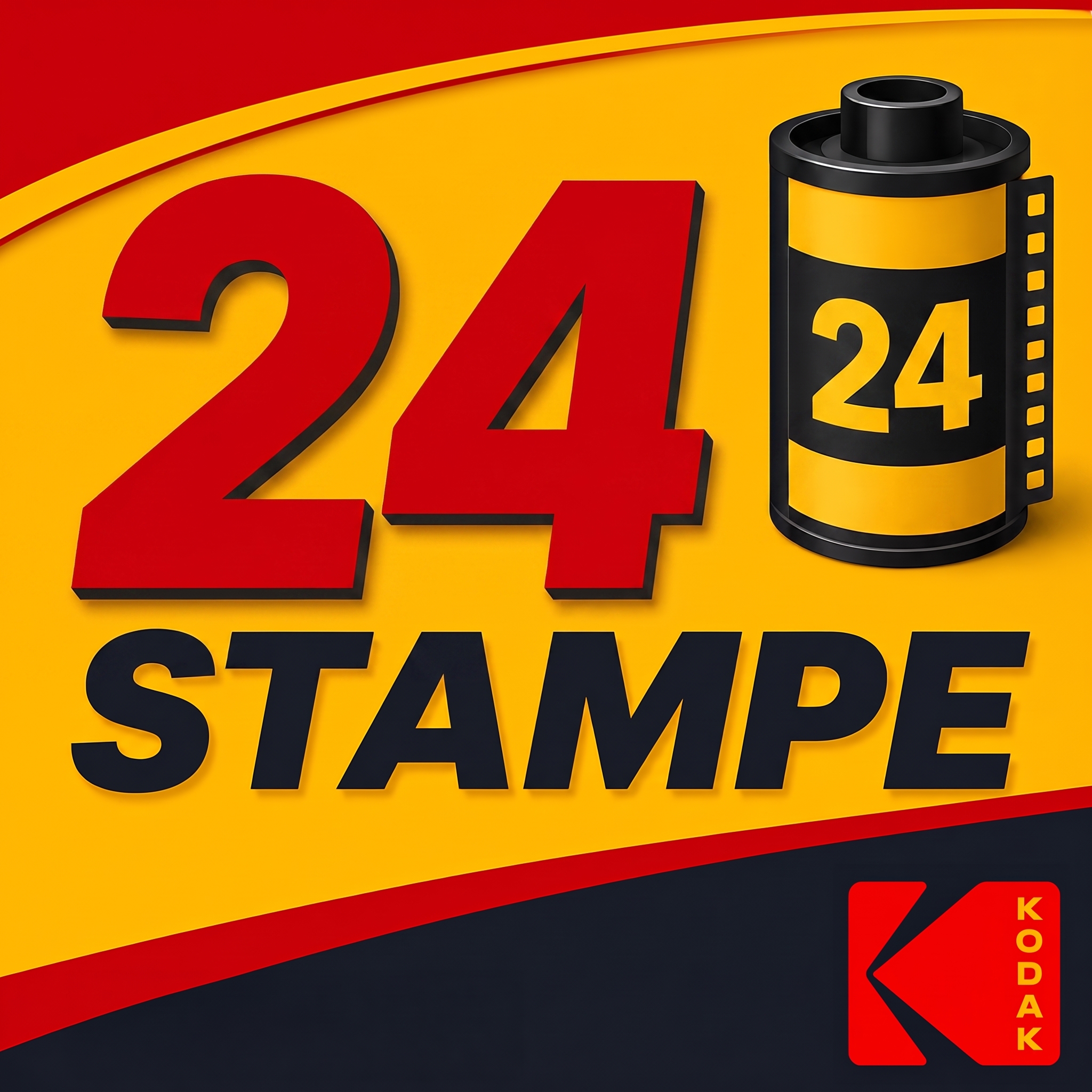 Grafica promozionale del pacchetto 24 stampe fotografiche con rullino 35mm e logo ufficiale Kodak su sfondo giallo e rosso