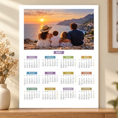Calendario personalizzato 2027 con foto, dodici mesi su un unico foglio