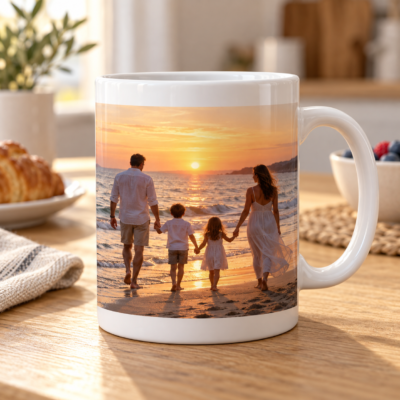 Tazza personalizzata con foto di famiglia, ambientata su un tavolo per la colazione