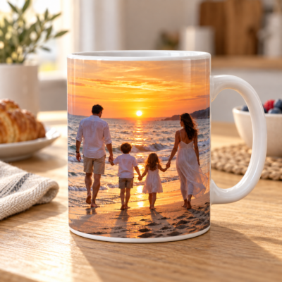 Tazza personalizzata con foto di famiglia, ambientata su un tavolo per la colazione